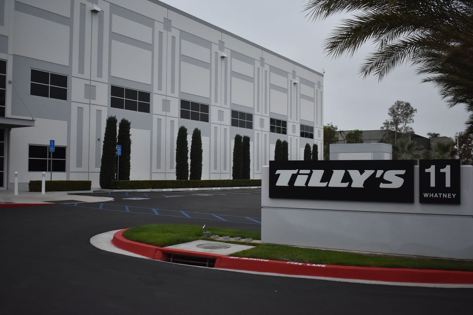 Freshly striped and seal-coated commercial parking lot